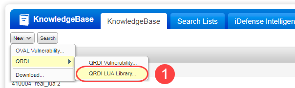 New menu on the KnowledgeBase tab with QRDI LUA Library selected