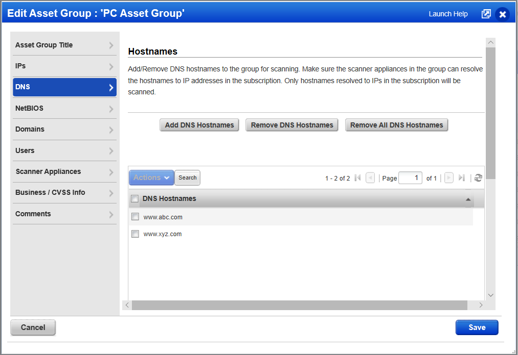 Asset Group with DNS hostnames added