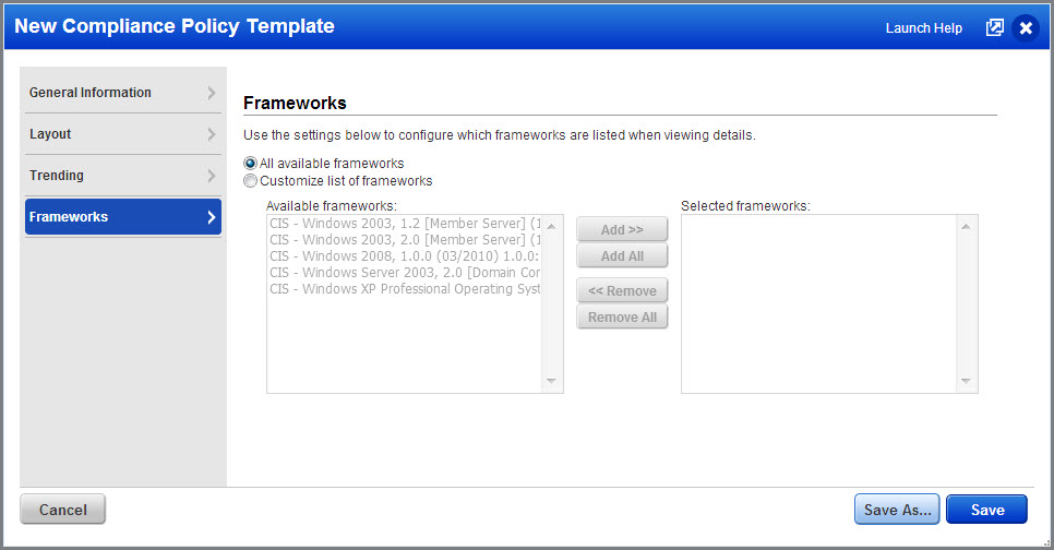 Frameworks listed in Compliance Policy Template