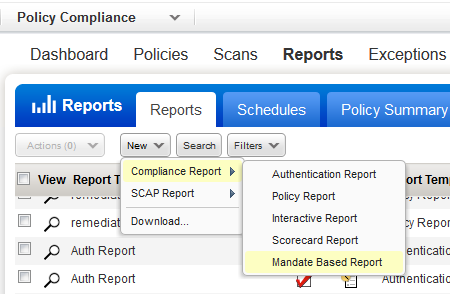 New Mandate Based Report menu option under Reports