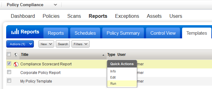 Run option on Quick Actions menu for Compliance Scorecard Report