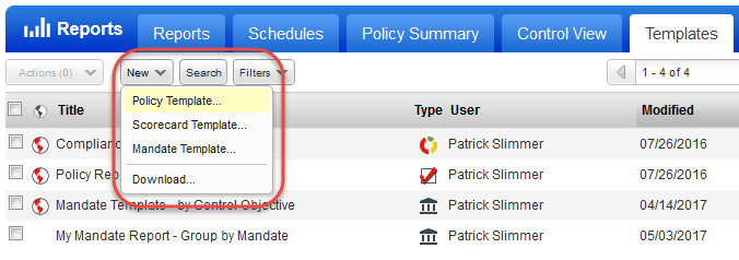 New Policy Template menu option