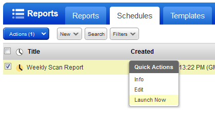 Launch Now option on Schedules list to run report now