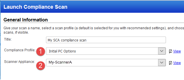 SCA scan settings - Compliance Profile and Scanner Appliance