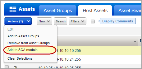 Add to SCA module option on Actions menu on Host Assets tab