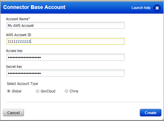 Sample connector base account configuration.