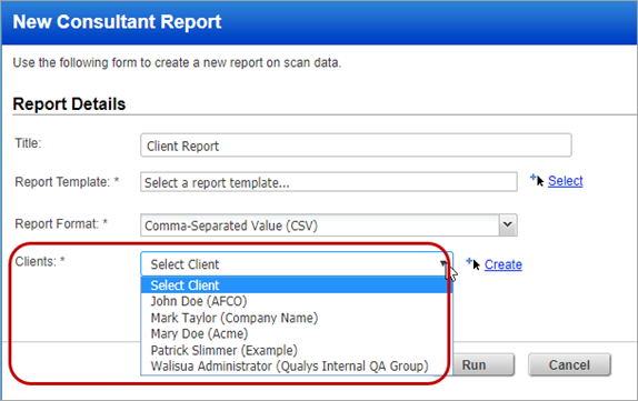 Clients option in New Consultant Report window