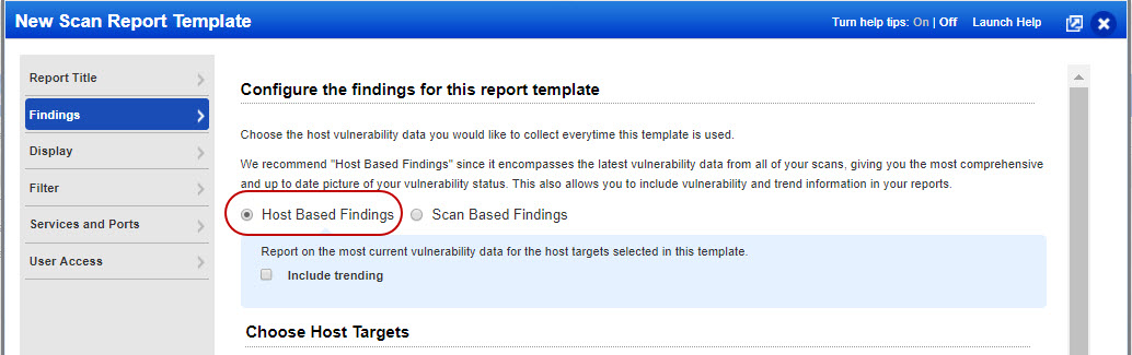 Host Based Findings option selected in Scan Report Template