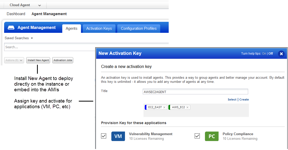 Install New Agent button on Agents tab in Cloud Agent and provision key for applications