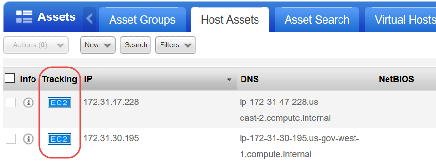 Host Assets tab showing assets with EC2 tracking method