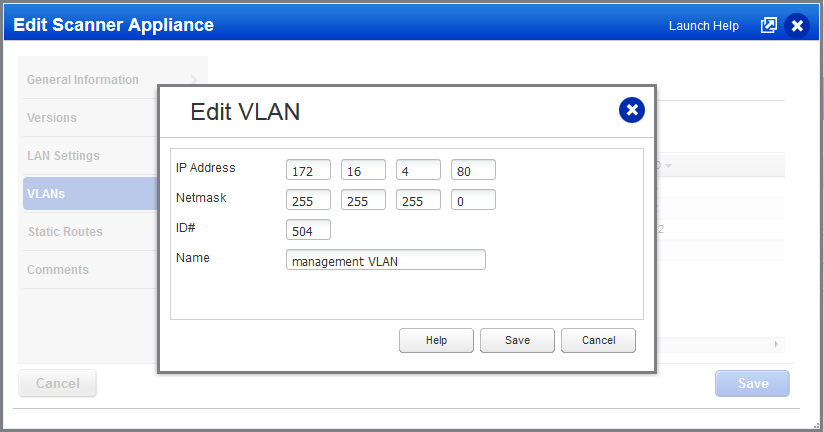 Edit VLAN information for scanner appliance