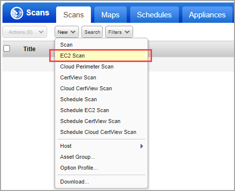 New EC2 Scan option on Scans tab