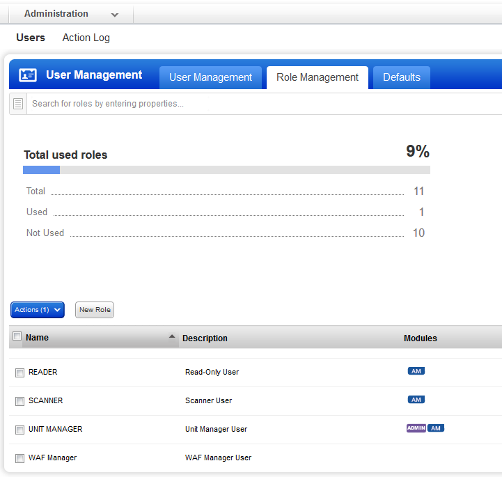 Role Management tab in Administration utility