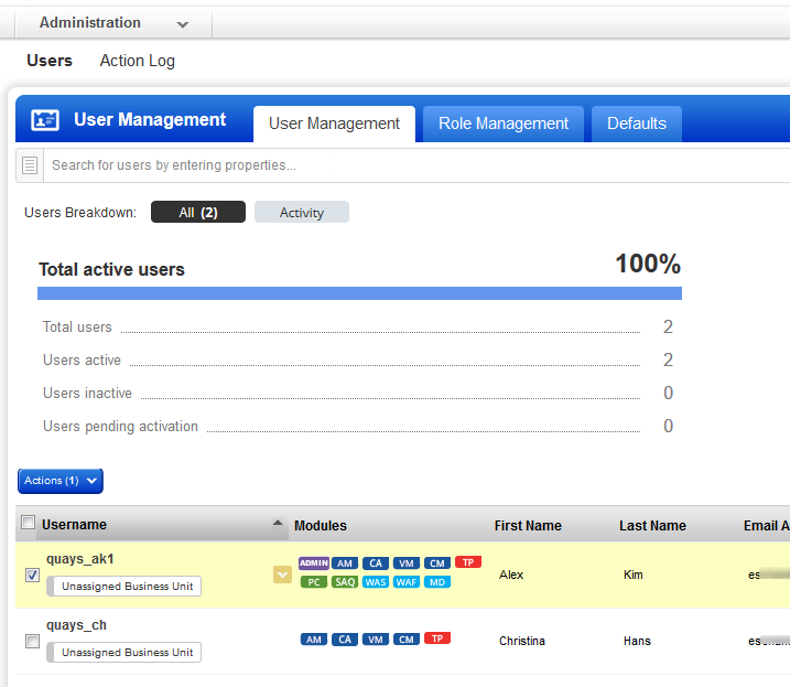 User Management tab in Administration utility