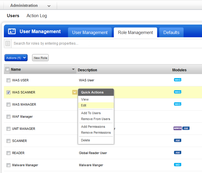 Edit option on Quick Actions menu for role on Role Management tab in Administration utility
