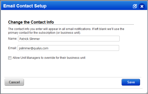 Email Contact Setup page.