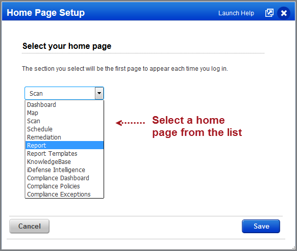 Select home page on Home Page Setup page