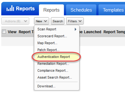 VM のレポート実行時の「New Authentication Report」オプション